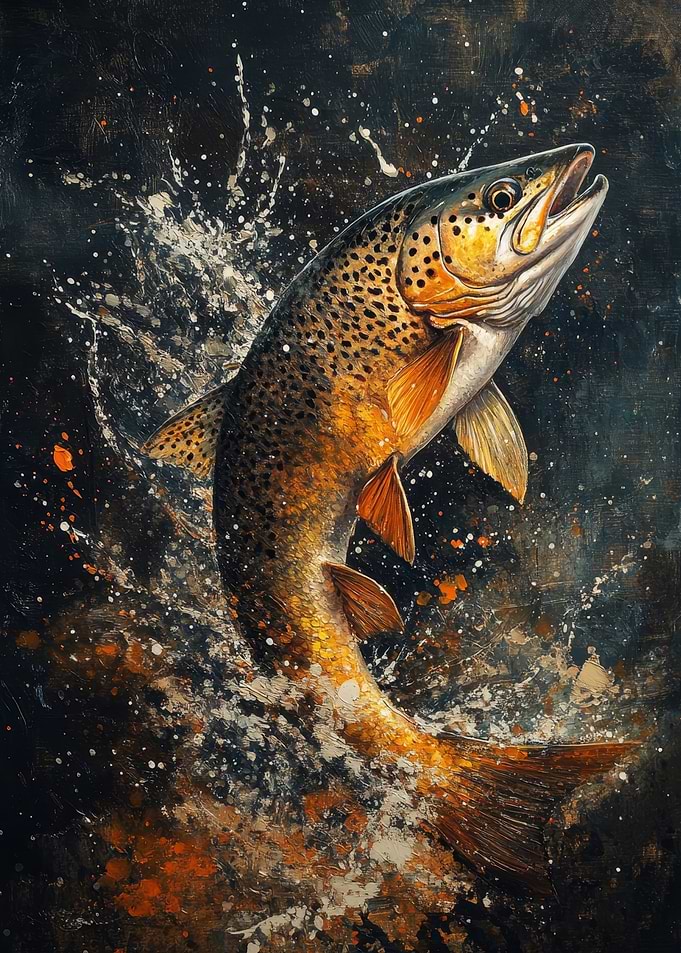 Leaping Brown Trout Painting | Fish Art Print