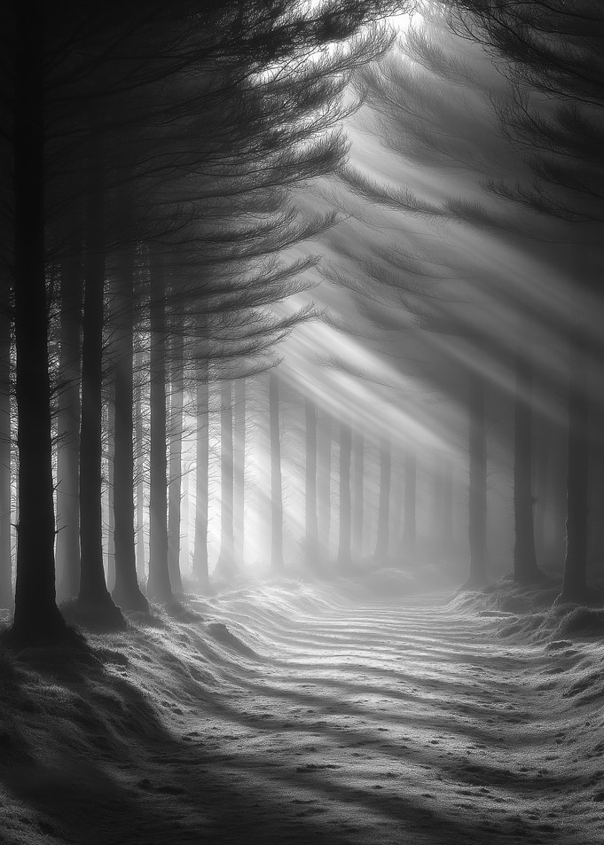 Monochrome Forest Path with Light Rays