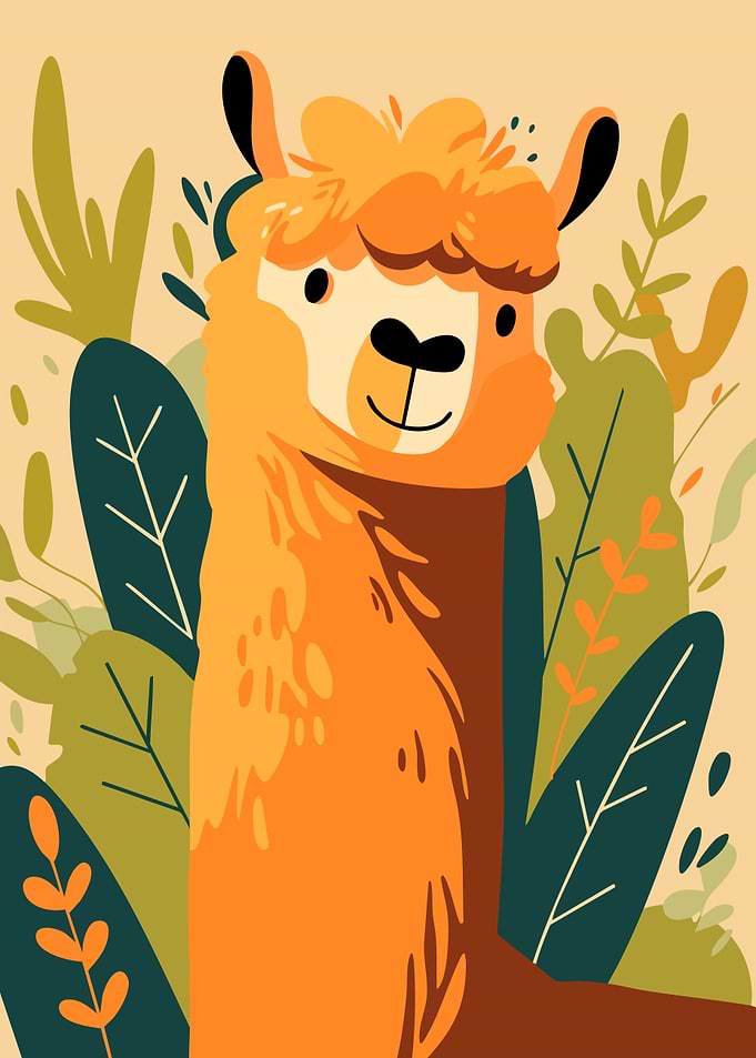 Adorable Cute Llama with Foliage Minimalist Art Illustration