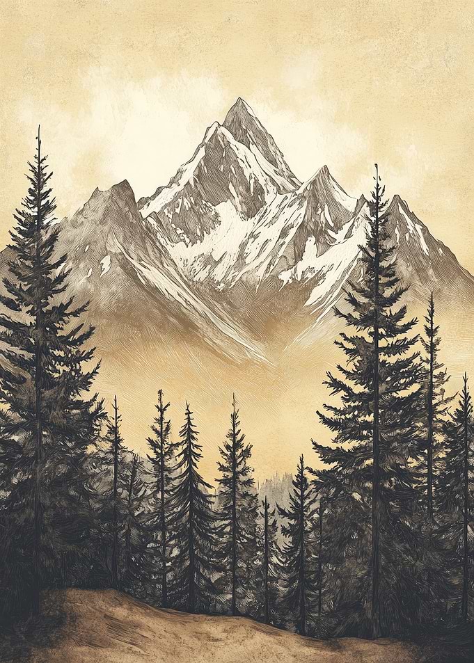 Vintage Alpine Peaks — Hand-Drawn Mountain Landscape with Pine Forest