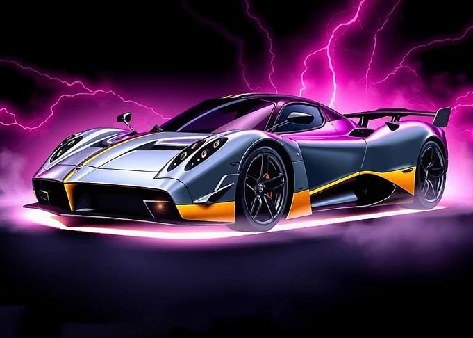 Pagani Huayra Sports Car with Lightning Backdrop