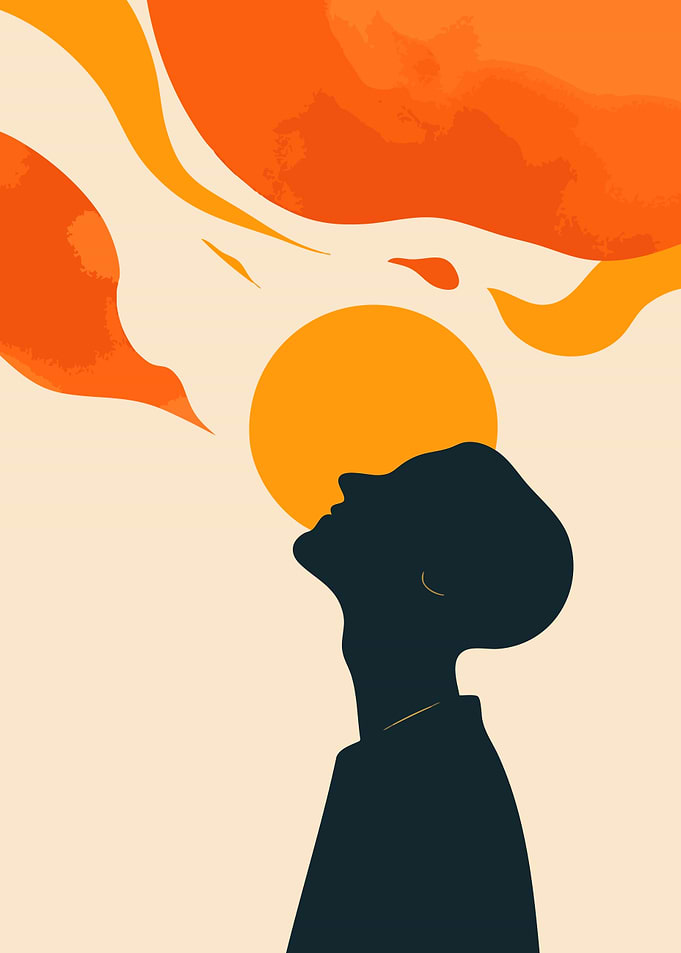 Silhouette Gazing at the Sun Minimalist Boho Art Illustration