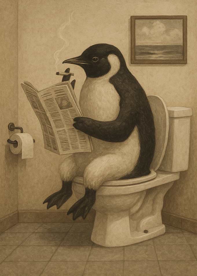 Penguin on Toilet Reading Newspaper Smoking