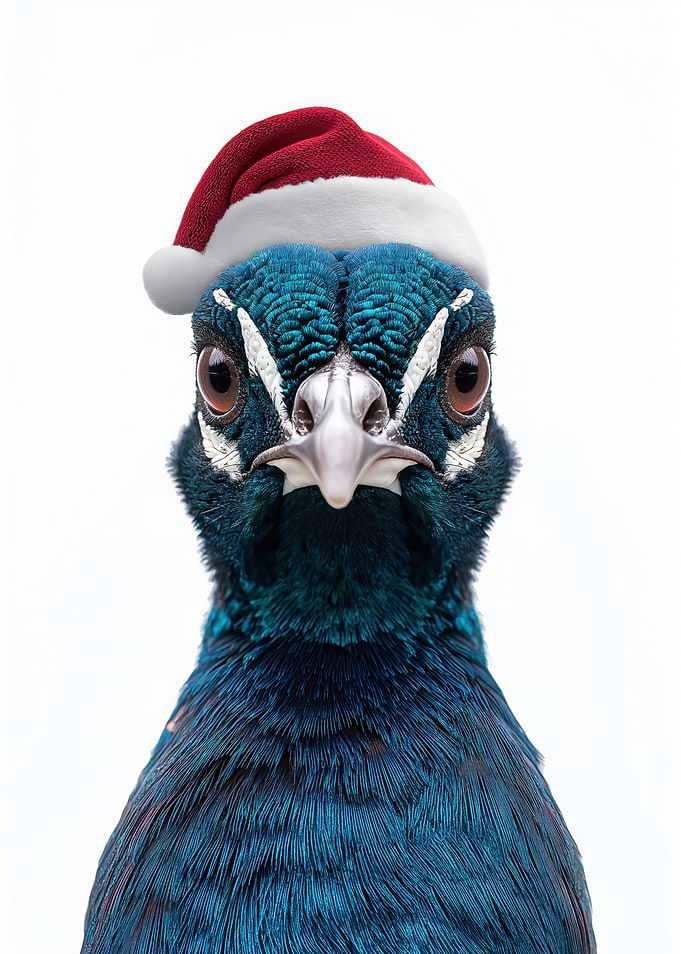 Peacock wearing a Santa hat