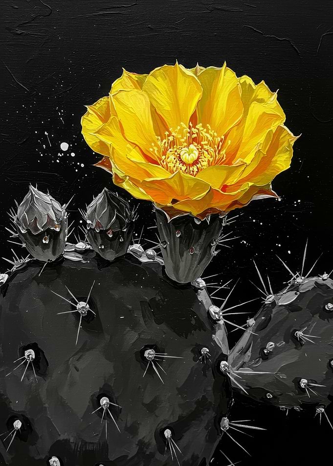 Yellow Cactus Flower on Black Background