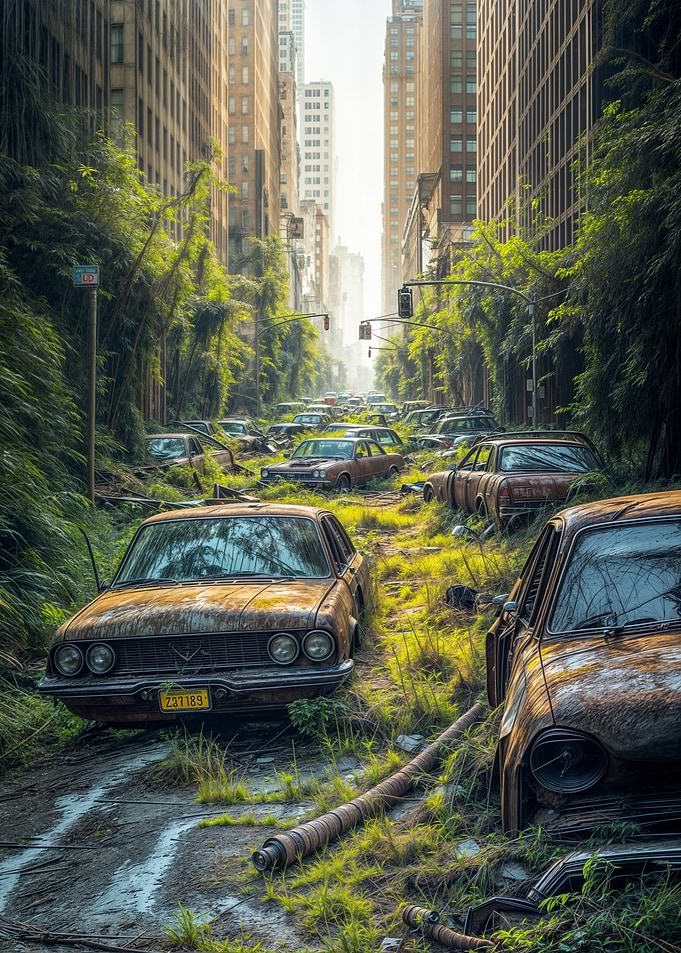 Overgrown City Street with Abandoned Cars