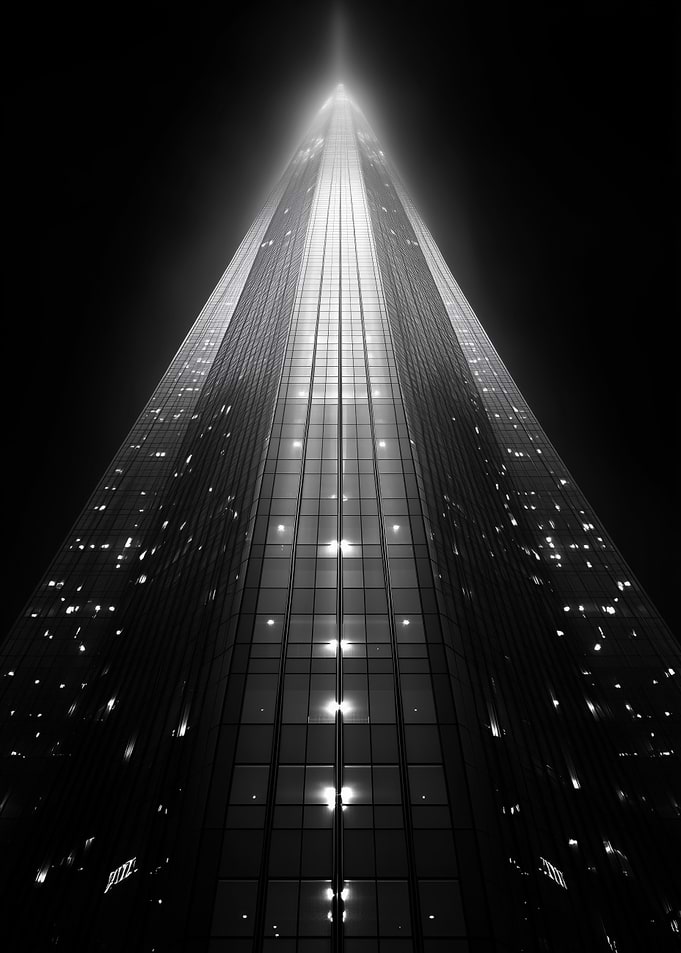 Monochrome Skyscraper Ascending into the Night