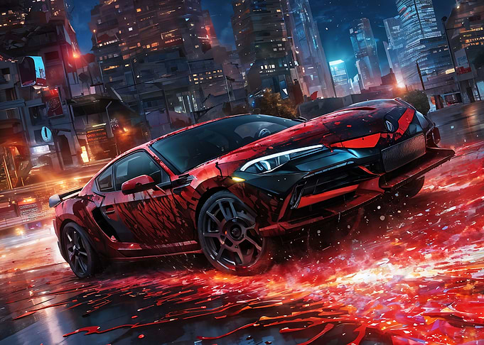 Red Sports Car in Cyberpunk City