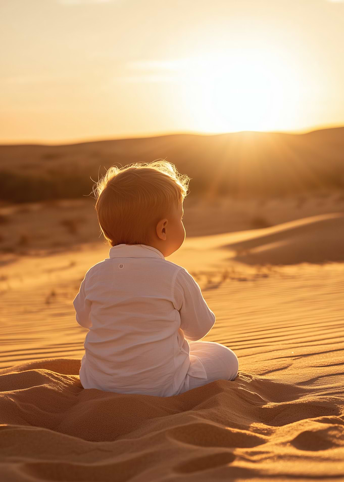 Little Child in Mediterranean Desert at Sunset