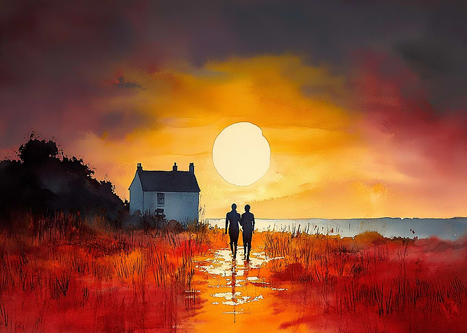 Romantic Sunset Walk – Watercolour Couple Landscape Art