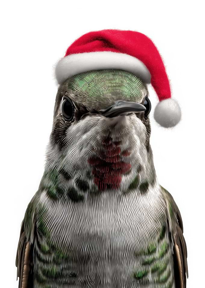 Hummingbird Wearing a Santa Hat