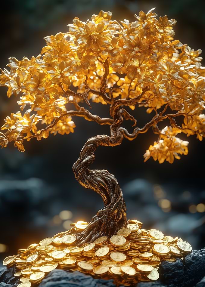 Golden Bonsai Tree with Coins