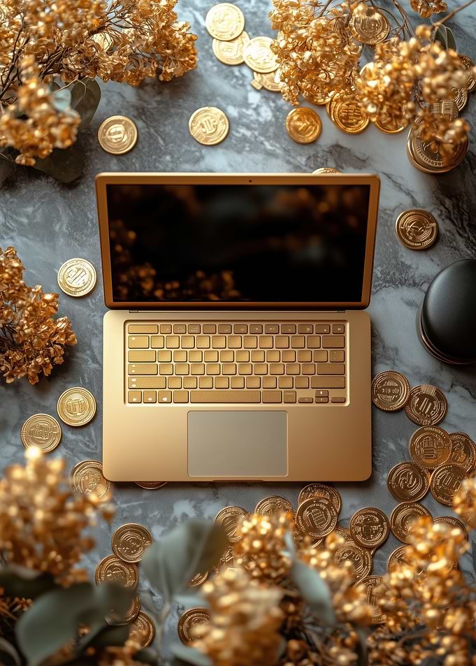 Golden Laptop with Coins and Flowers