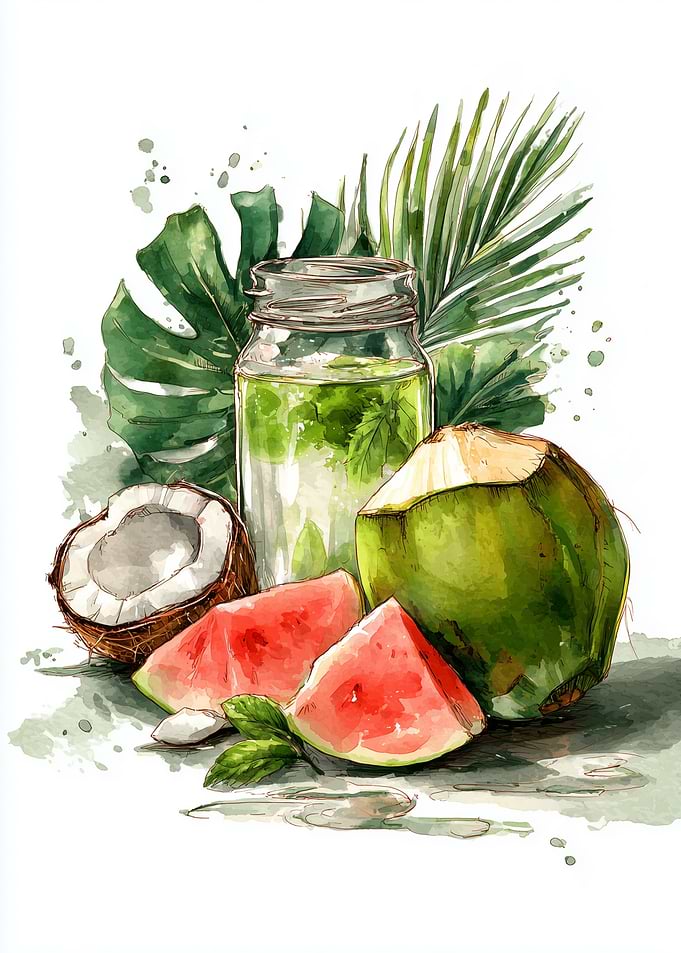 Watercolor Tropical Fruit and Drink Still