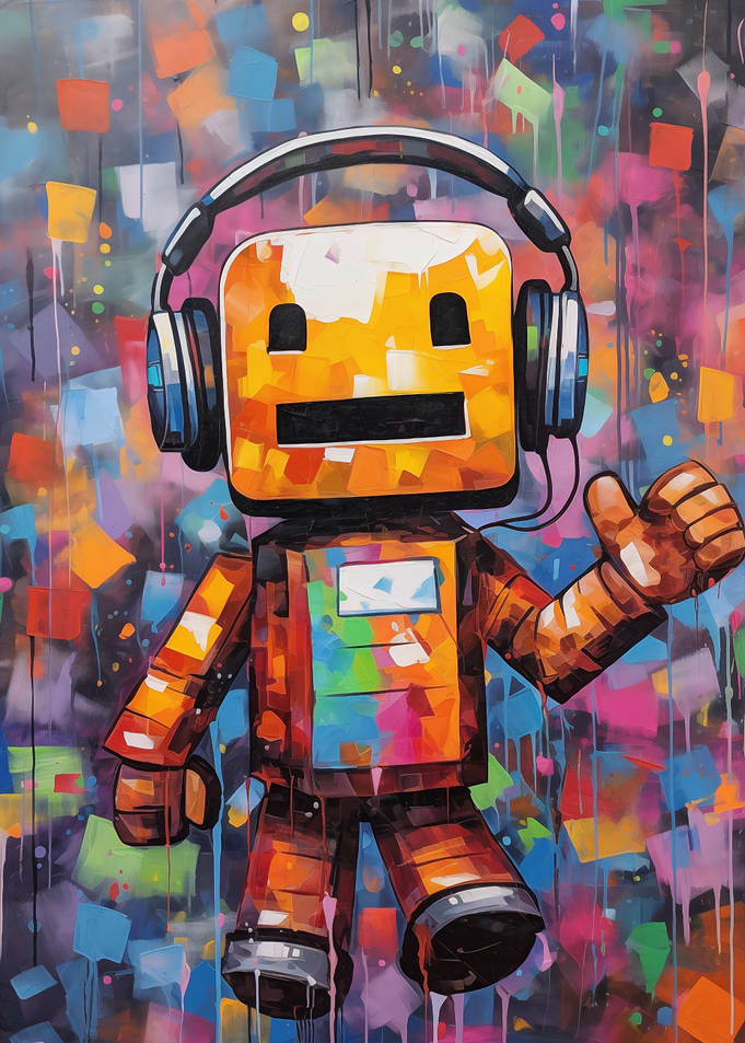 Robot with Headphones Colorful Art