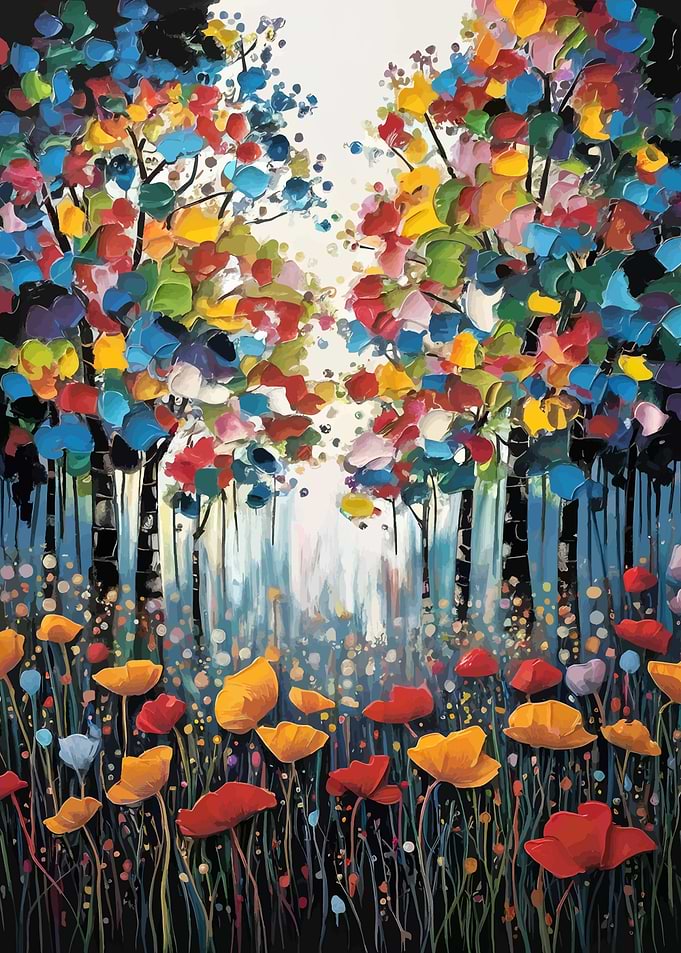 Colorful Trees and Flowers Painting