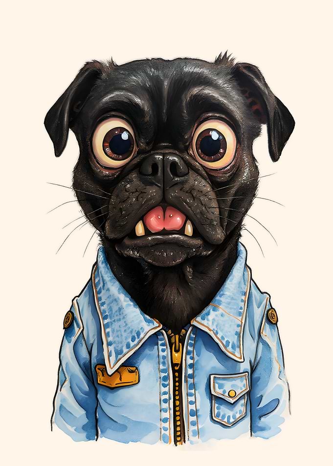 Pug in Denim Jacket Portrait funny Caricature