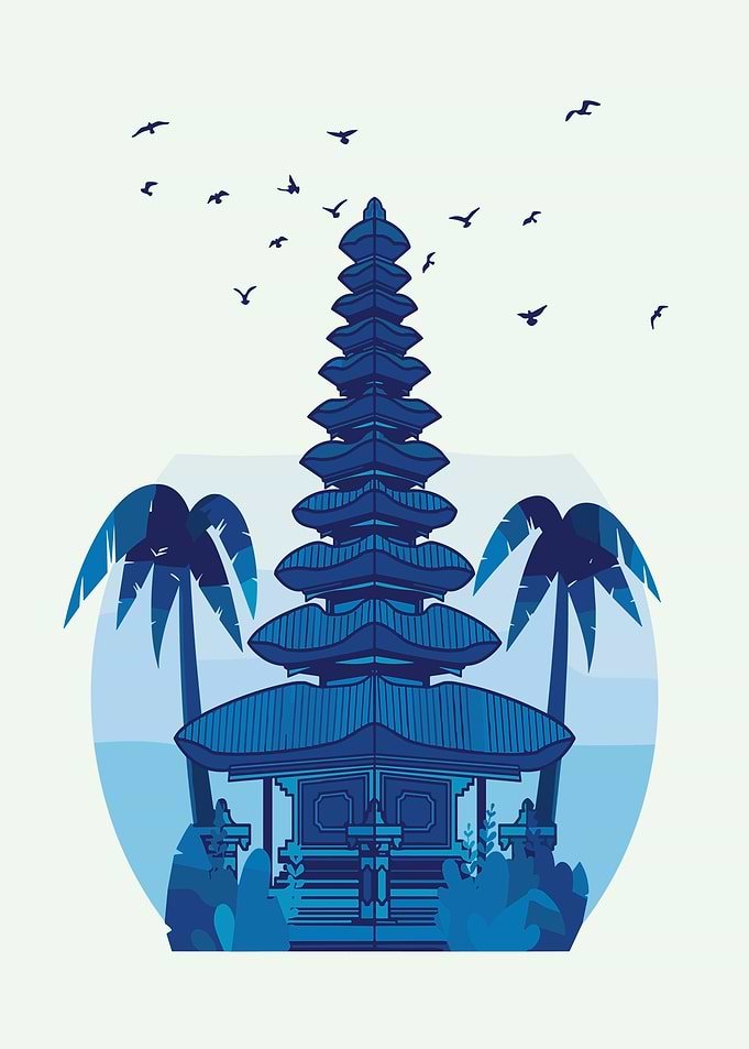Blue Balinese Temple with Palm Trees