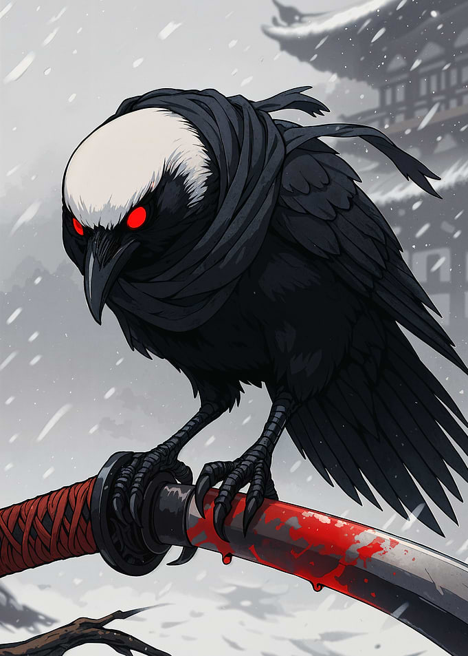 Samurai Crow with Bloody Katana