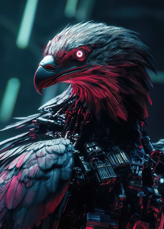 Cybernetic Eagle with Glowing Red Eyes