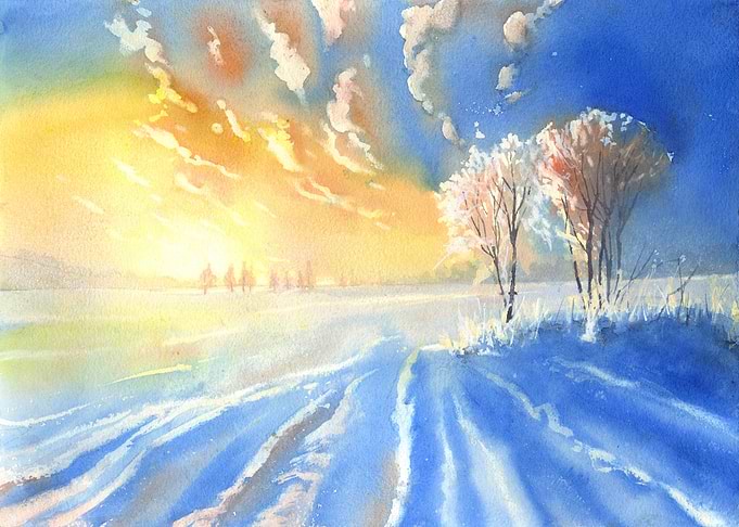 Winter Sunset Watercolor Landscape Painting
