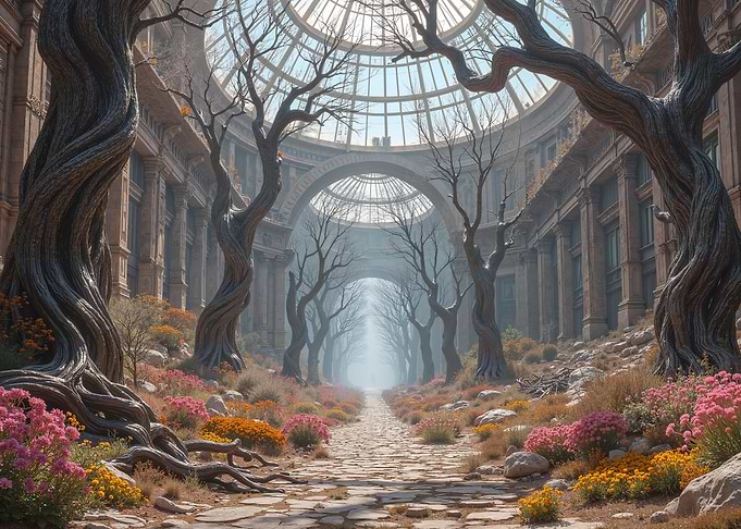 Overgrown Ruins with Trees and Flowers