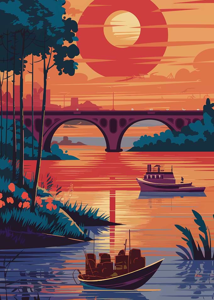 River Scene with Bridge and Boats