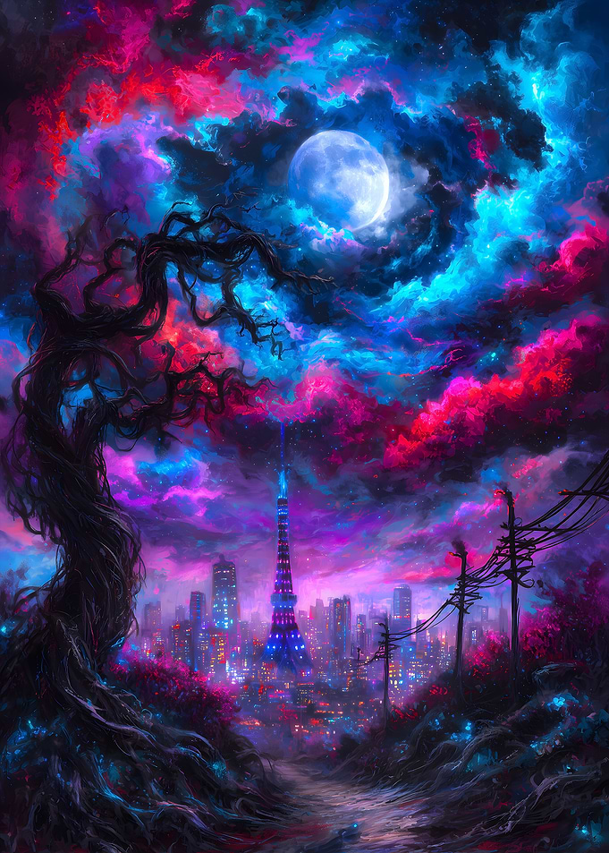 Tokyo Tower under a cosmic sky