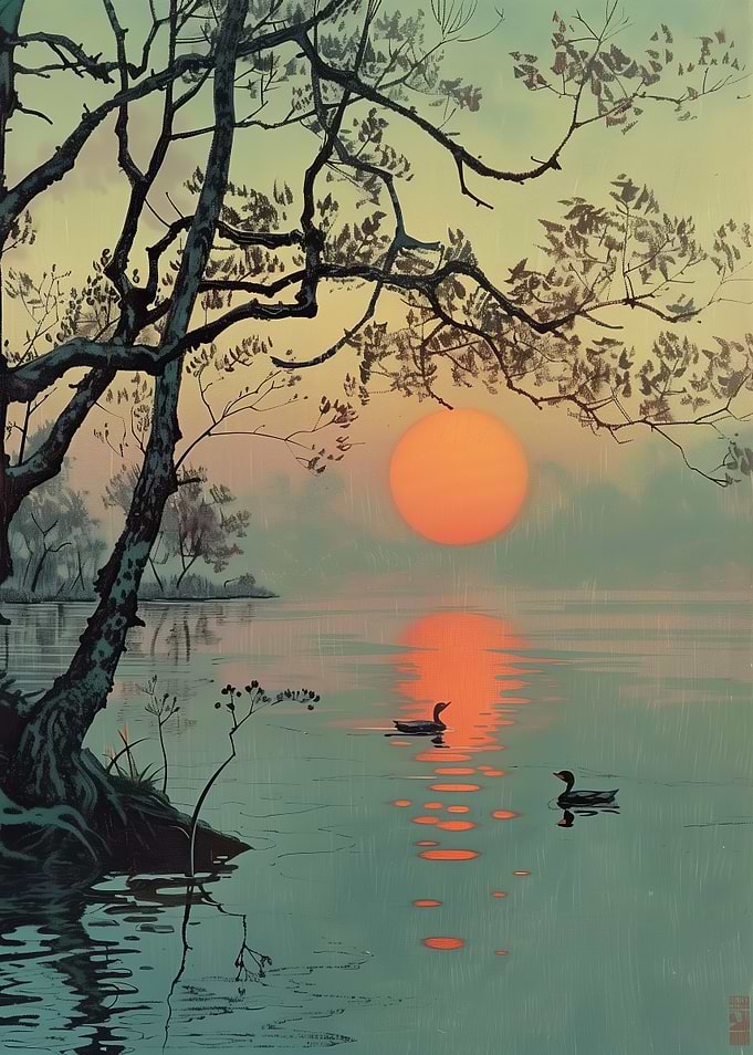 Sunset Lake with Ducks and Tree