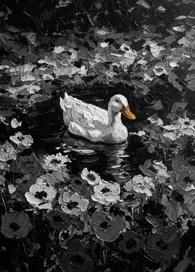 Duck in a pond of flowers