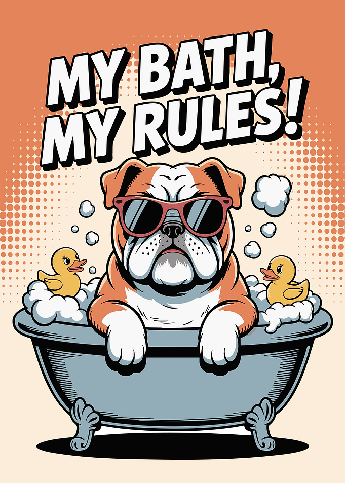 My Bath, My Rules — Retro Pop Art Bulldog in Bathtub