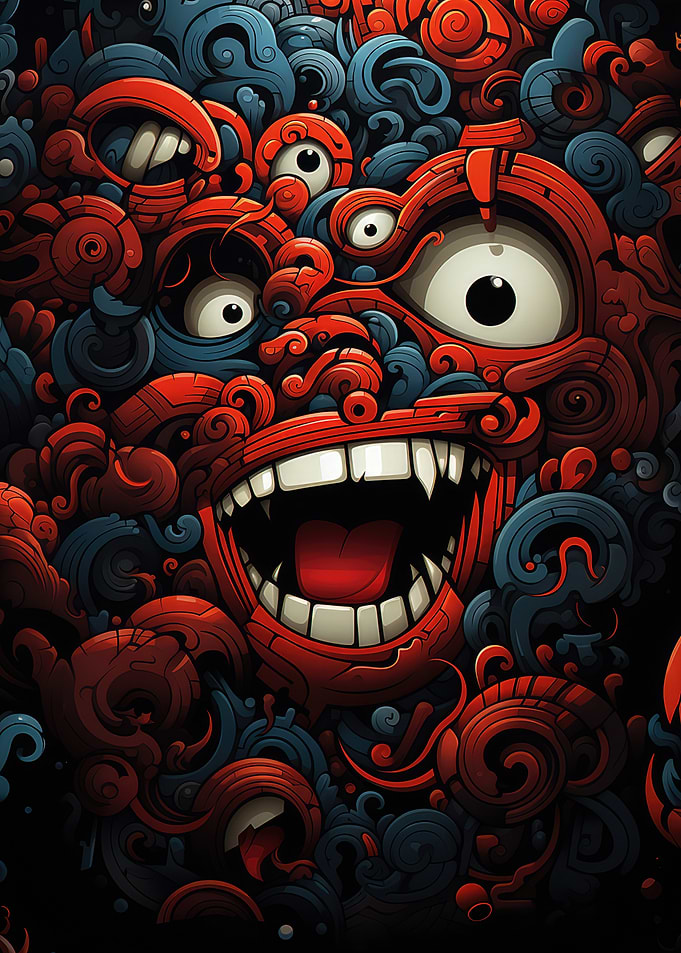 Abstract Red and Blue Monster Face
