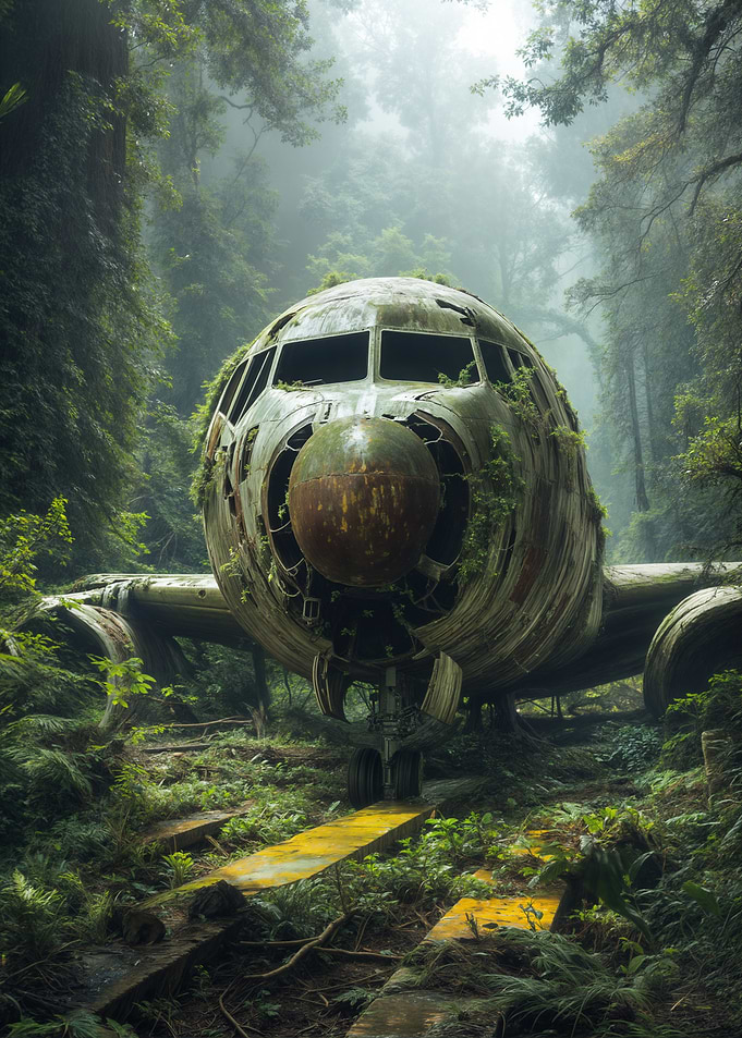 Overgrown Airplane Wreck in Forest