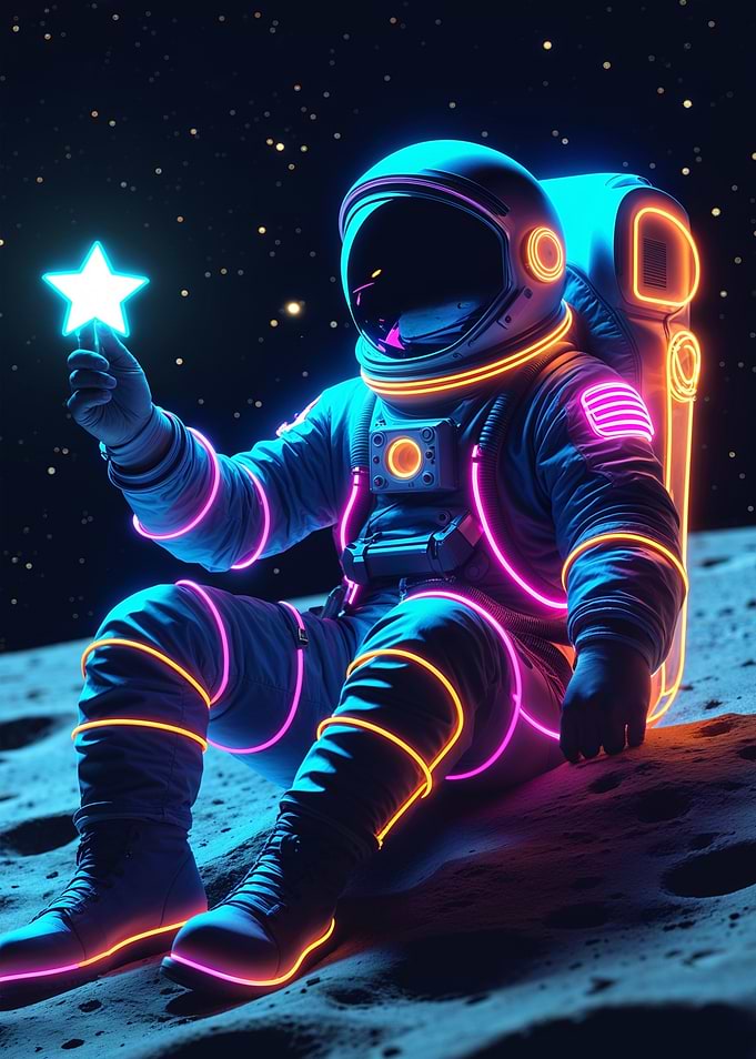 Neon Astronaut with Star on Moon