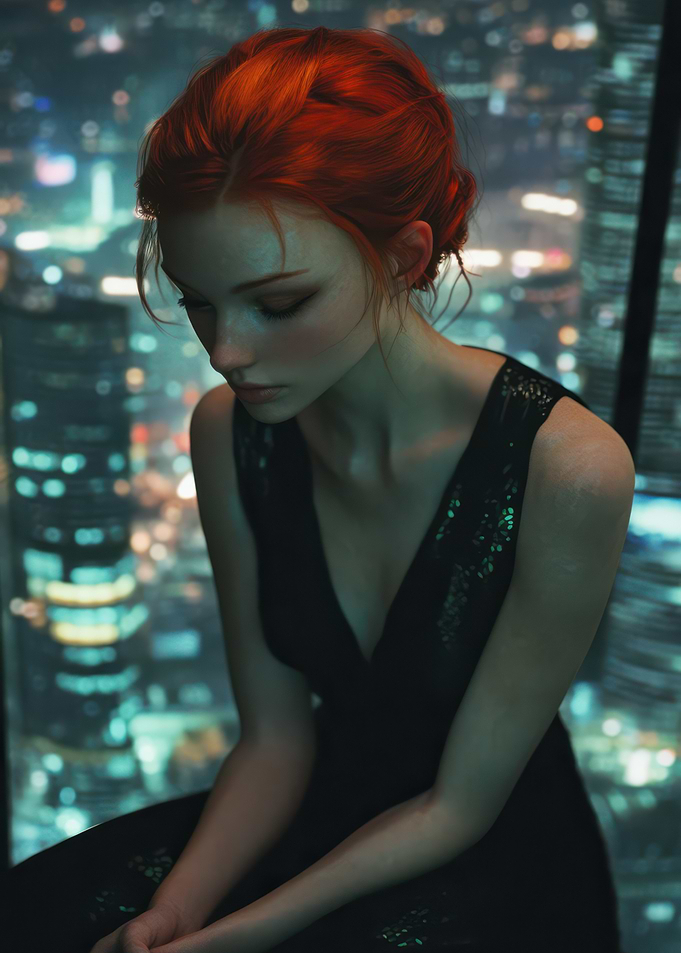 Redhead in Black Dress, City View