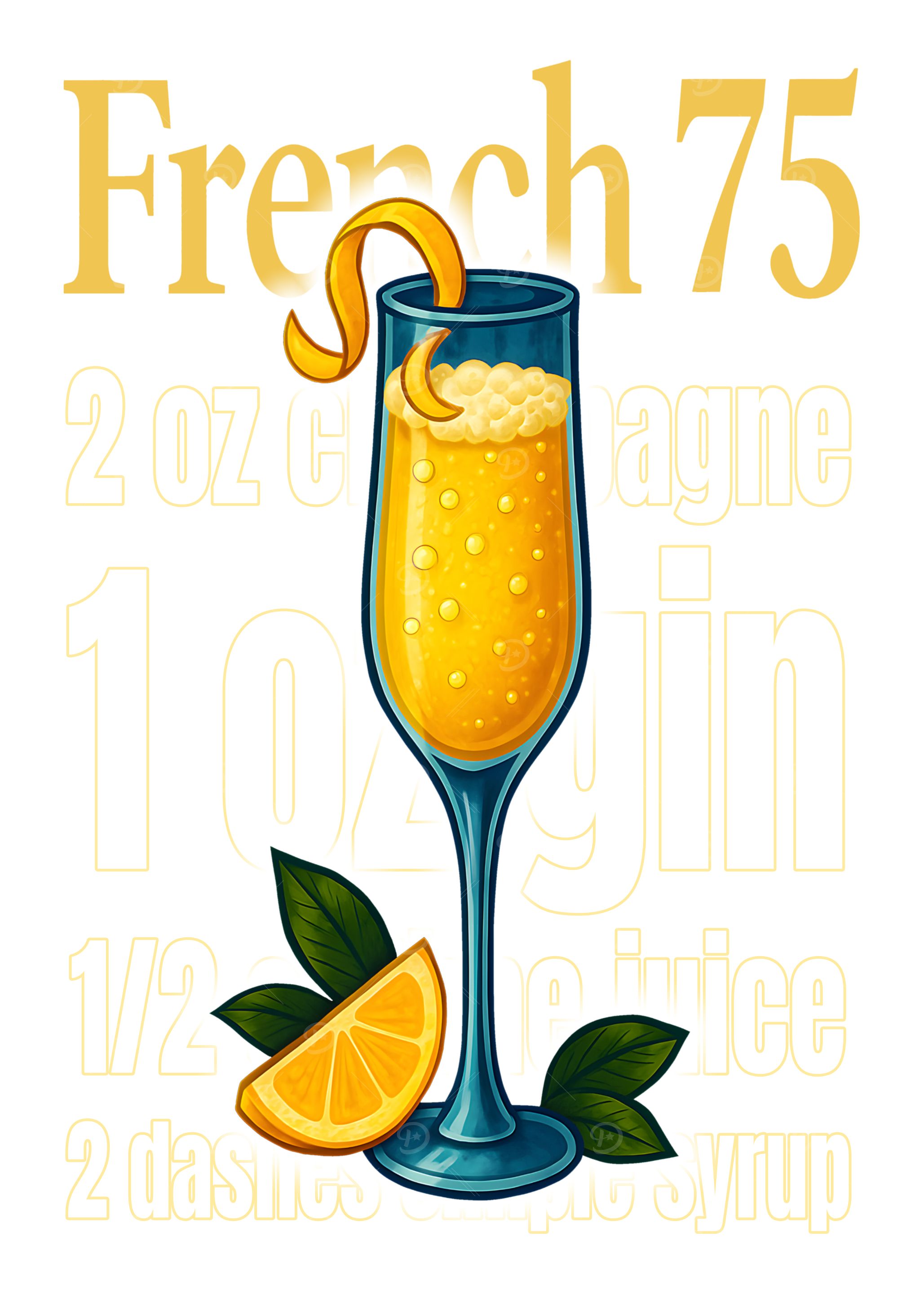 French 75 Cocktail Art Print – Elegant Champagne & Gin Drink Recipe Wall Decor for Bar, Kitchen, or Lounge