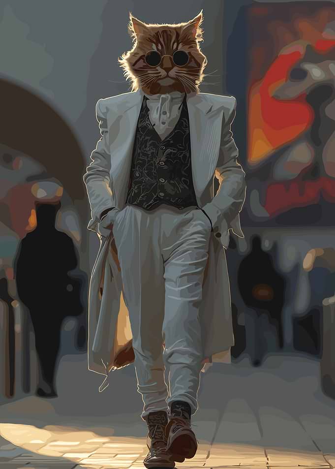 Cat in Suit Walking in City