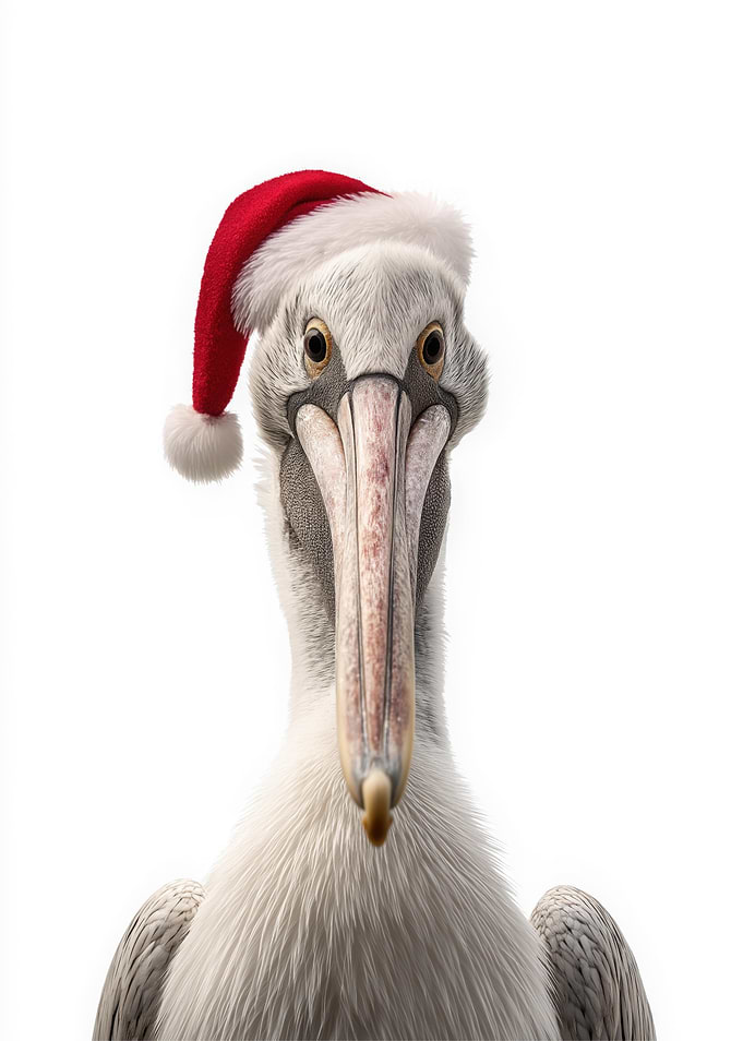 Pelican wearing a Santa hat