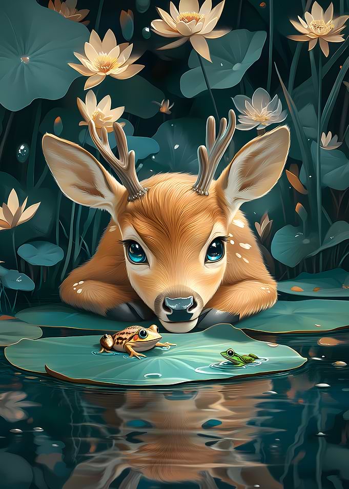 Cute Deer and Frogs in Pond