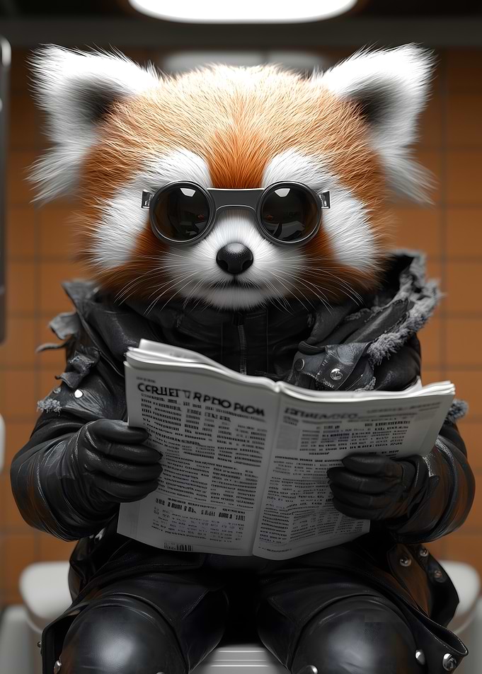 Red Panda Reading Newspaper on Toilet