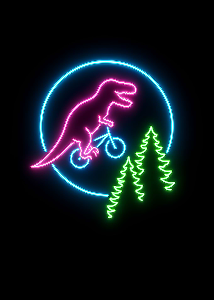 Neon Dinosaur on Bike with Trees