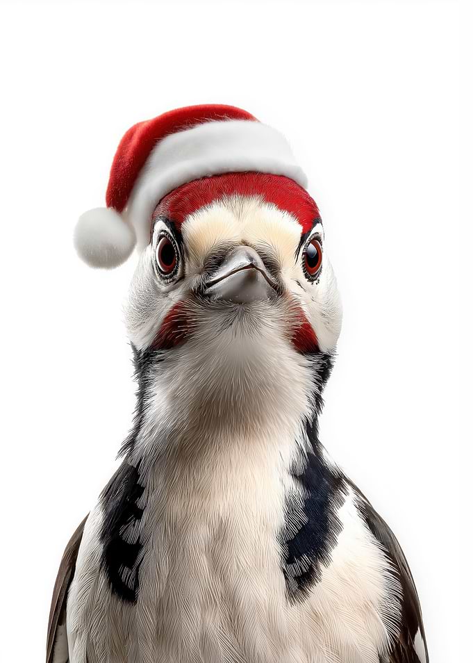 Woodpecker wearing a Santa hat