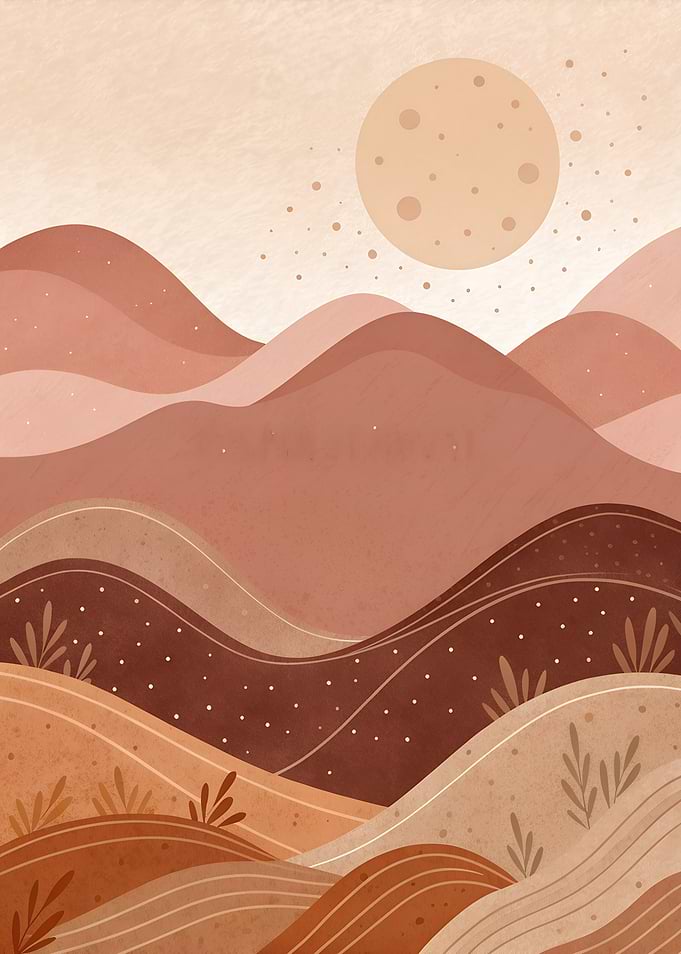 Boho Desert Landscape with Terracotta Sun and Layered Hills – Earthy Organic Art