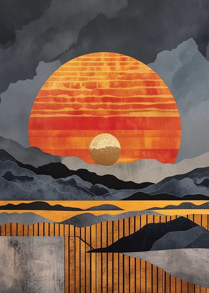 Abstract Landscape with Sun and Mountains