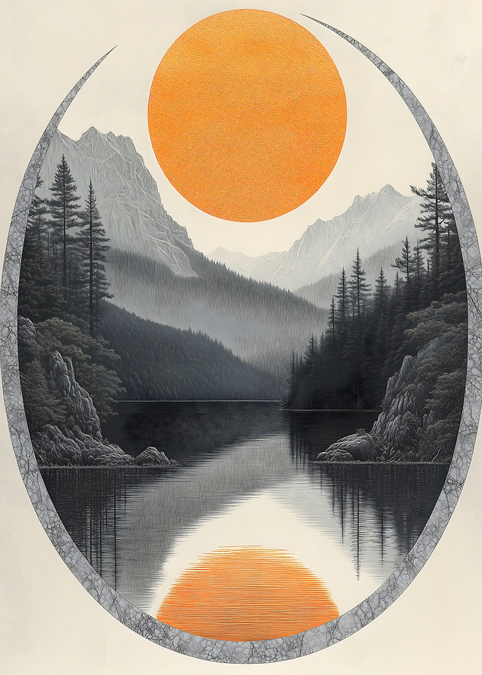 Mountain Lake with Sun and Reflection