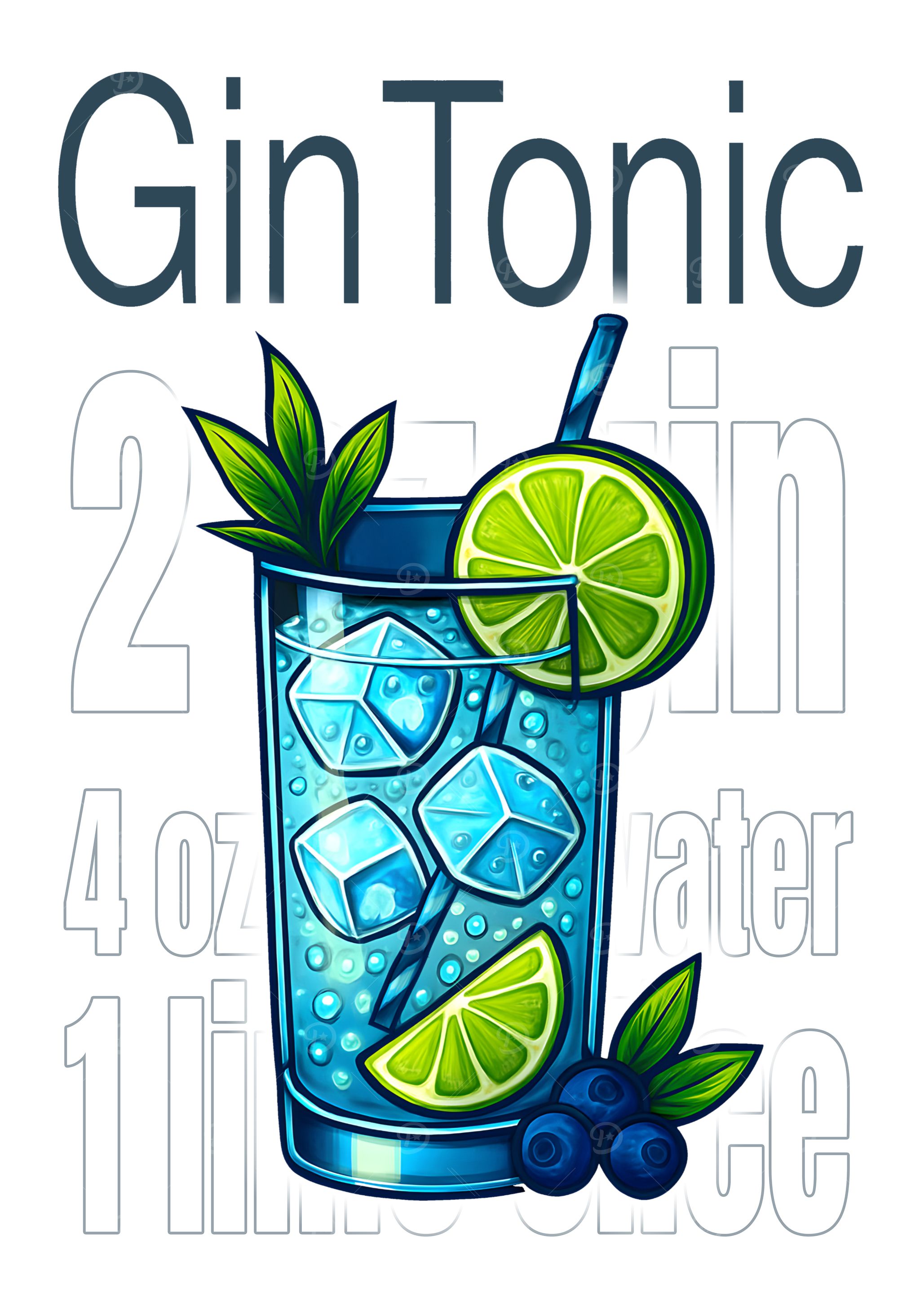 Gin and Tonic Cocktail Art Print – Crisp Botanical Drink Recipe Wall Decor for Bar, Kitchen, or Lounge