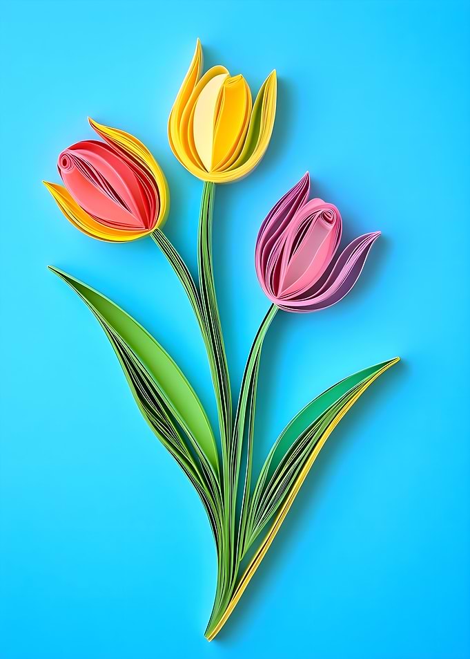 Quilled Tulips on Blue Background