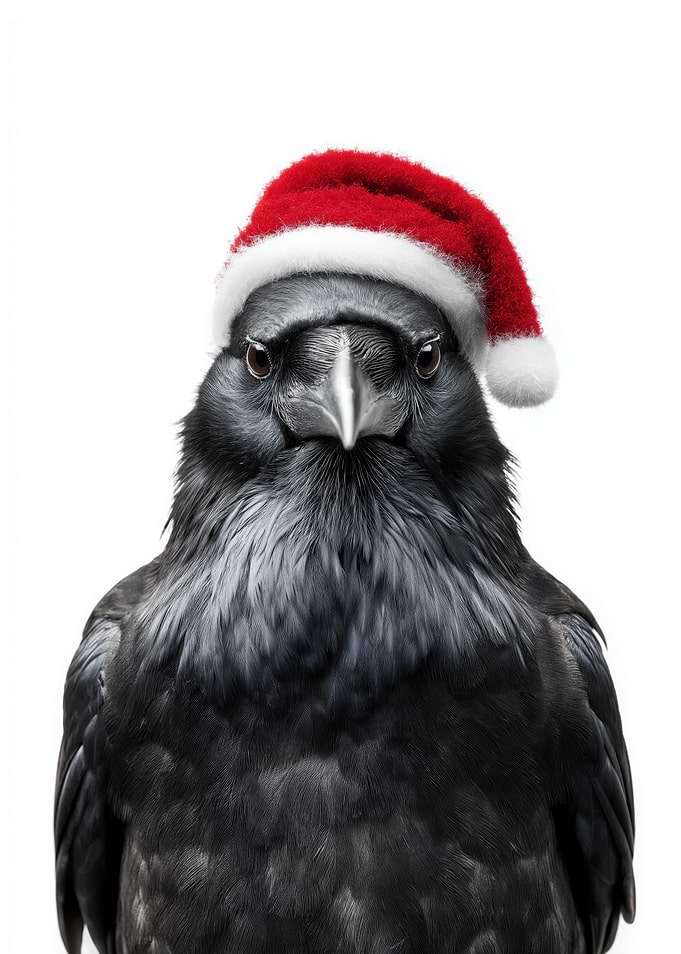 Raven wearing a Santa hat