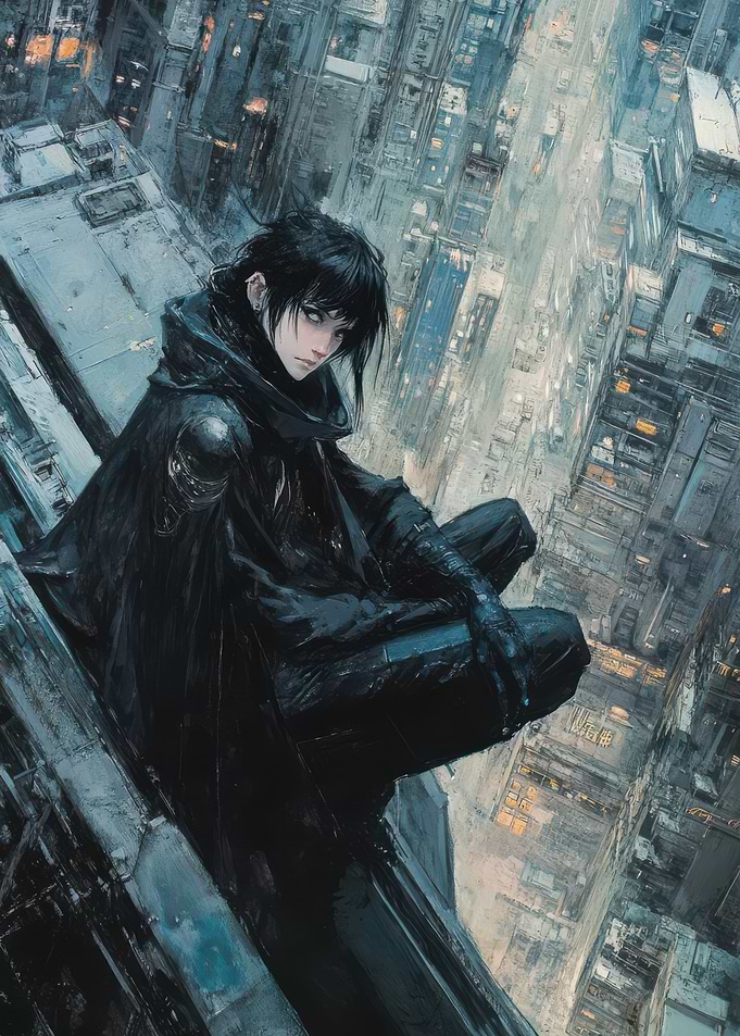 Cyberpunk Character on Skyscraper Edge