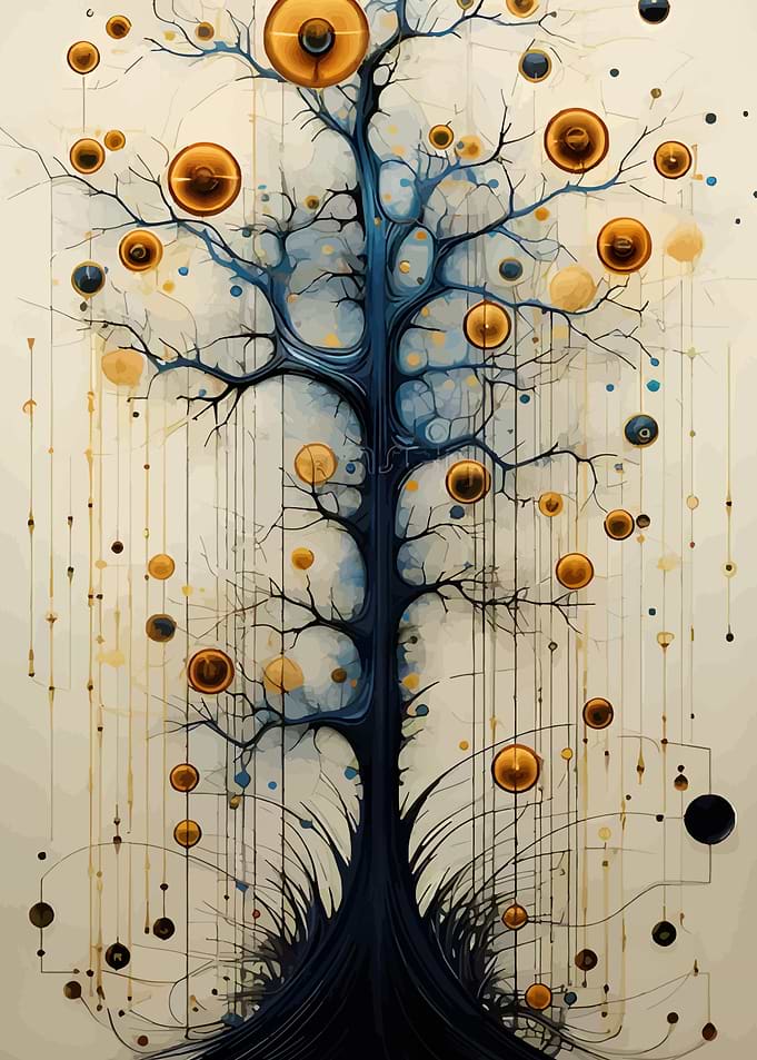 Abstract Tree with Golden Orbs